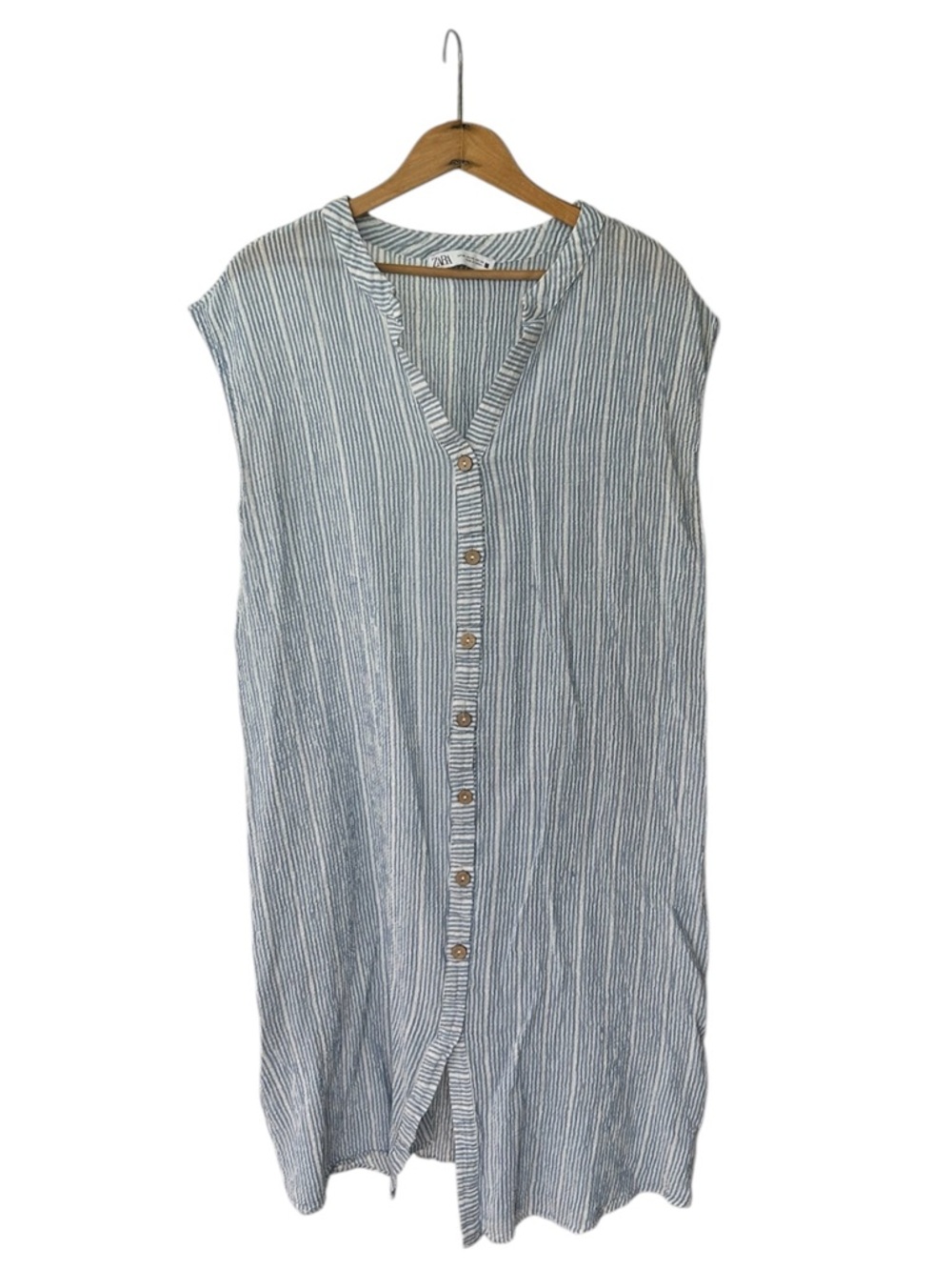 Zara | Women’s Blue/White Striped Crinkle Gauze Button Front Sleeveless Dress XL